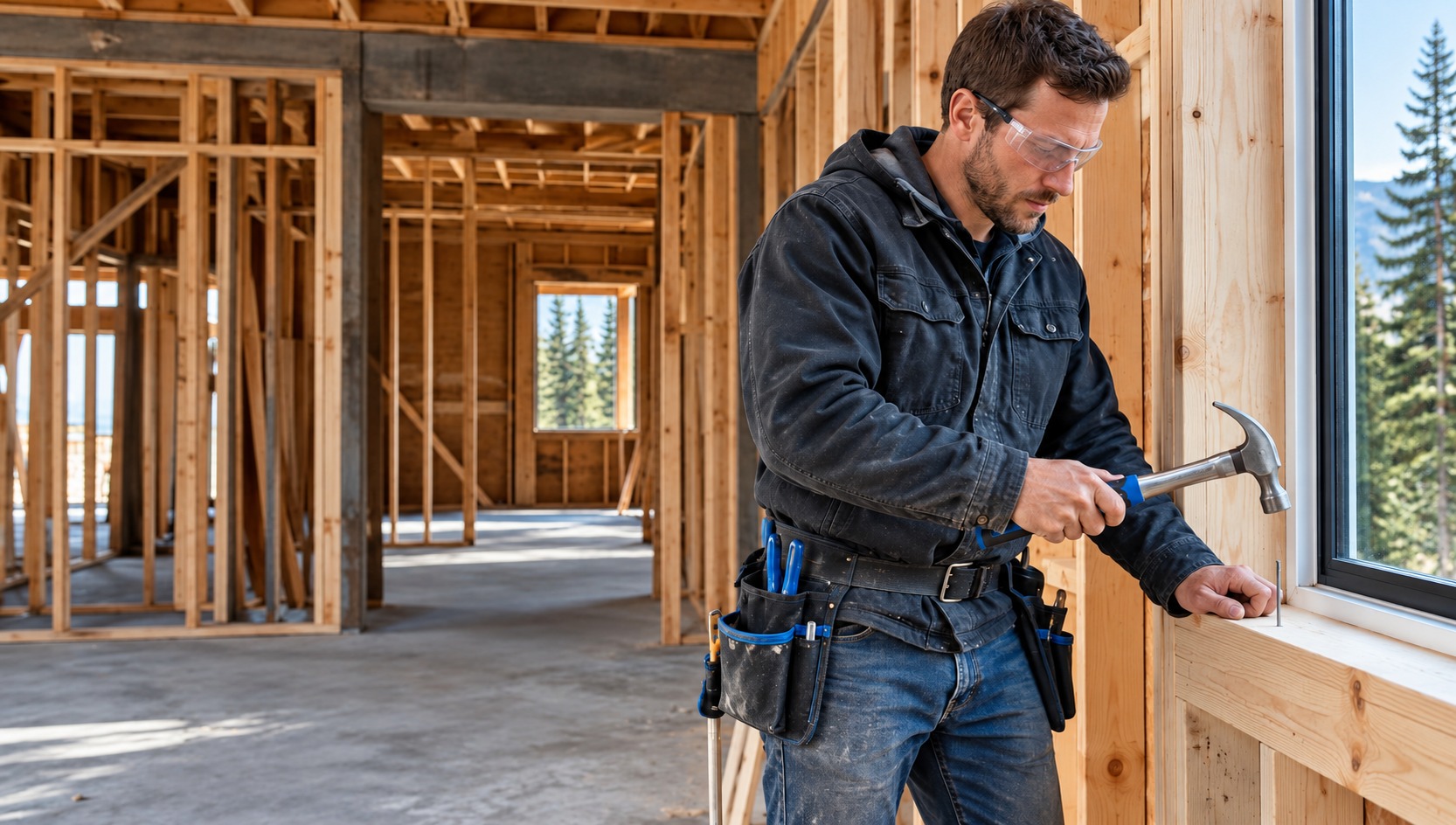 Carpenter in a black jacket driving a nail into a window sill with a blue-handled claw hammer inside a framed house
