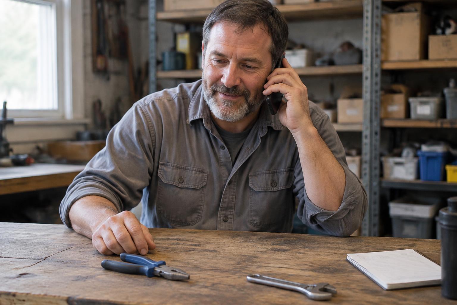 Tradesman speaking on the phone at a workshop bench with hand tools