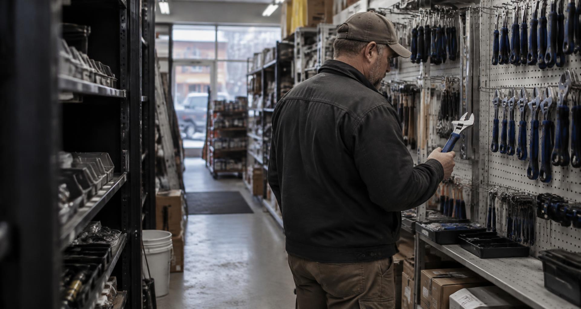 Contractor choosing a blue-handled adjustable wrench in a neighbourhood hardware store