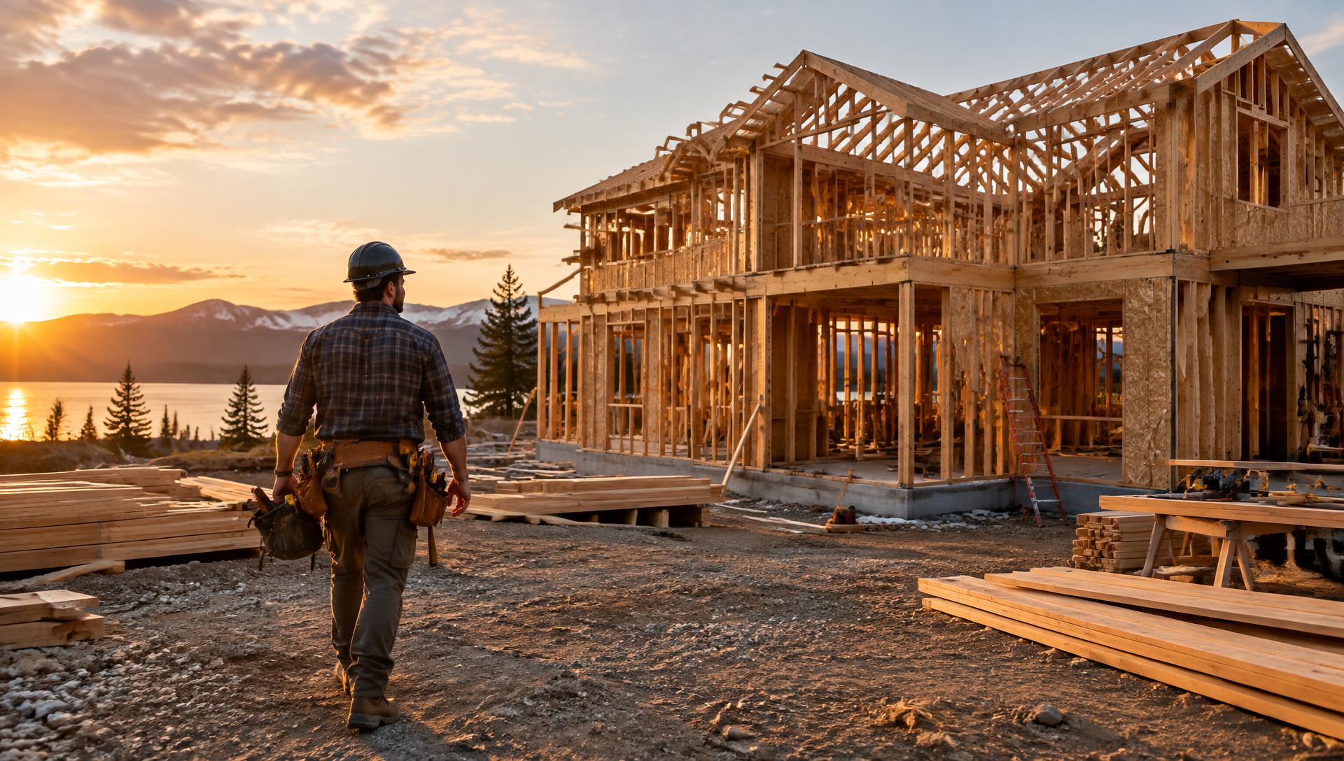 Contractor with a tool belt walking toward a newly framed house at sunset