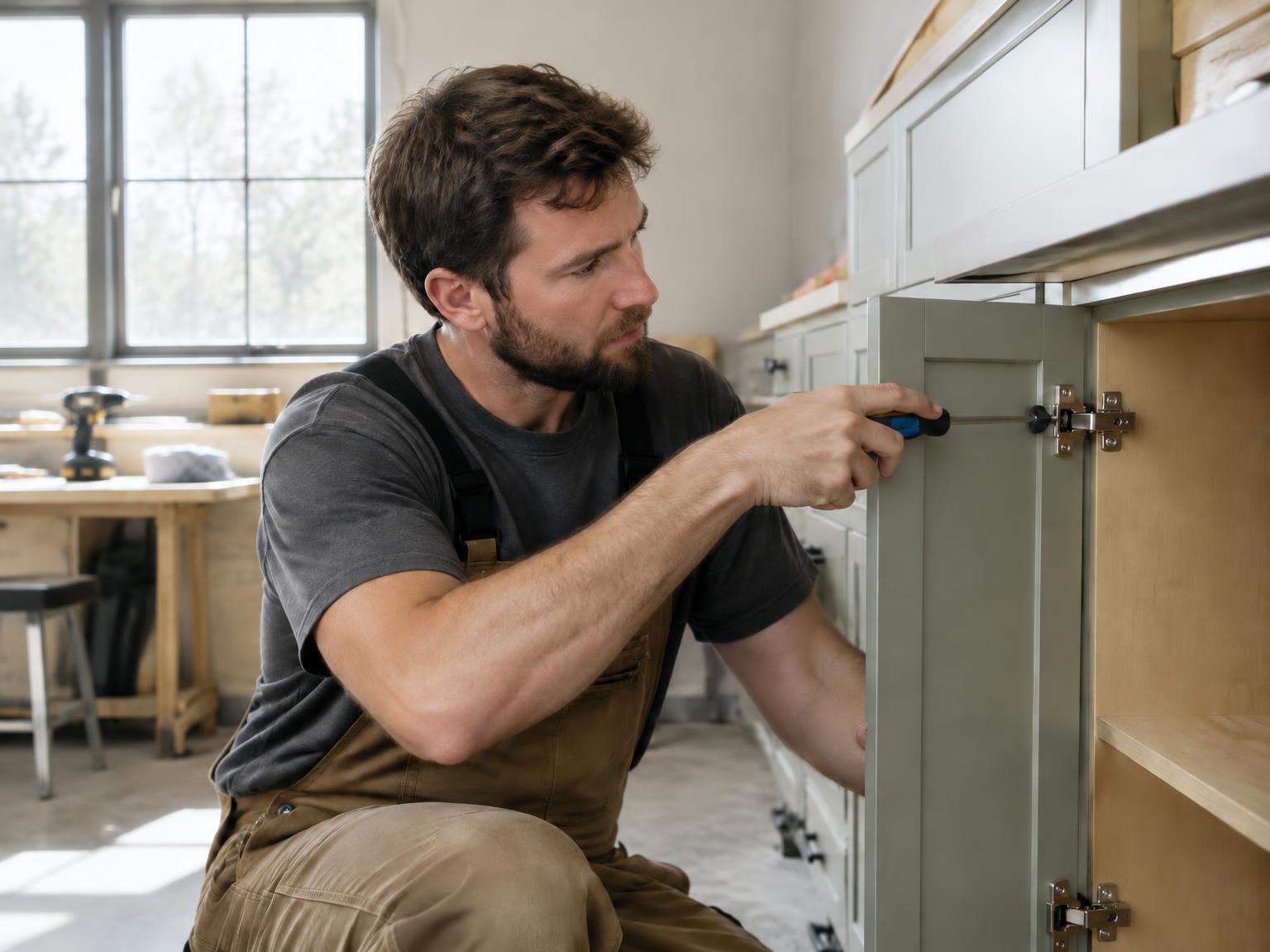 Tradesperson installing cabinet hinges with a screwdriver